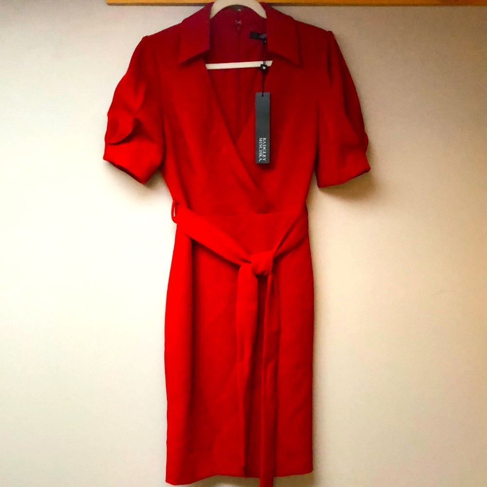 Badgley Mischka Sz 6 red cherry color knee-length dress w/ collar & belt v-neck